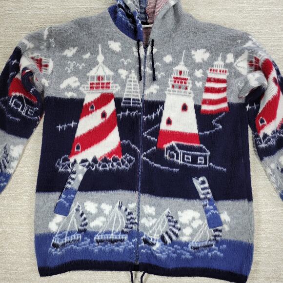 Artesanías Tuntaquimba Ecuador Wool Lighthouse Sweater Hoodie Nautical Knit L - Picture 5 of 16
